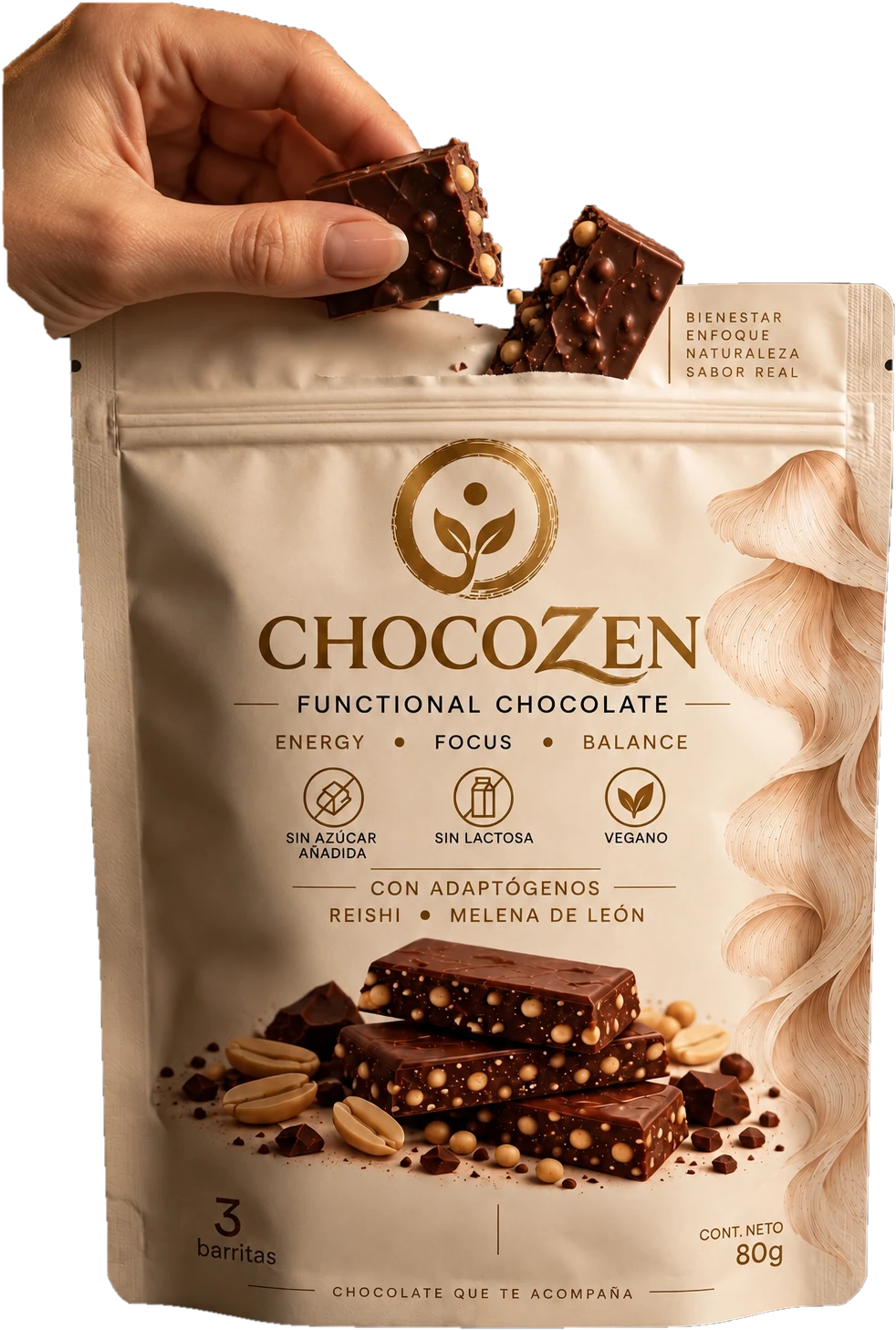Mano partiendo una barra de chocolate ChocoZen y mostrando su textura crocante